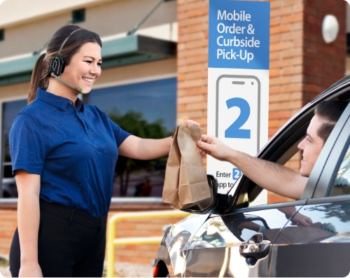 Headset system being used in a takeout scenario